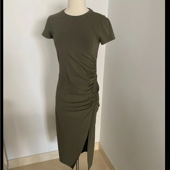 Theory Green Asymmetrical Ruched Sheath Dress